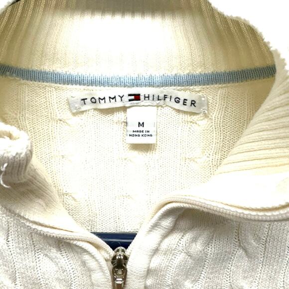 Tommy Hilfiger Zip Up Cardigan, Ivory Collared Sweater, Cable Knit, Size M - Picture 2 of 7